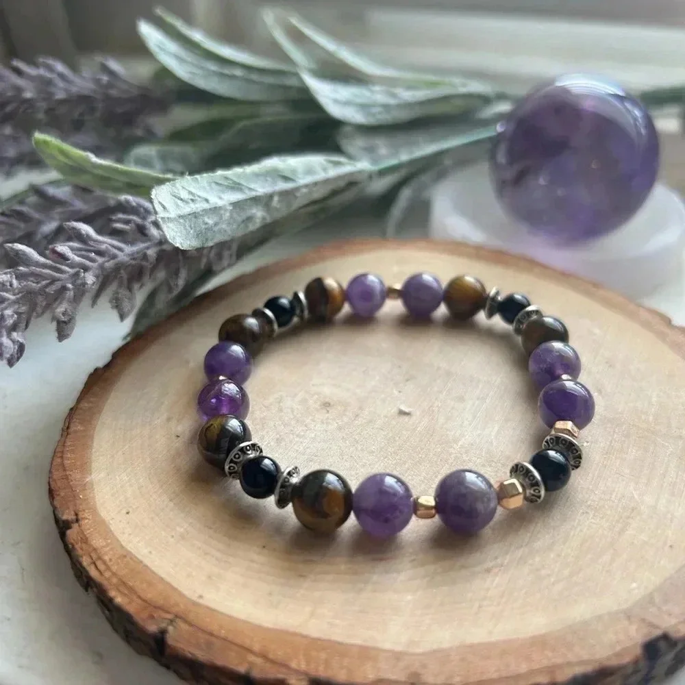 💜Handmade Amethyst + Tigers Eye + Black Obsidian Crystal Bracelet